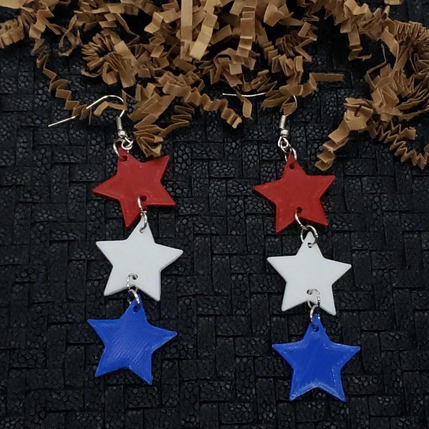Patriotic Red, White & Blue Star, 3D Printed, Dangle Earrings