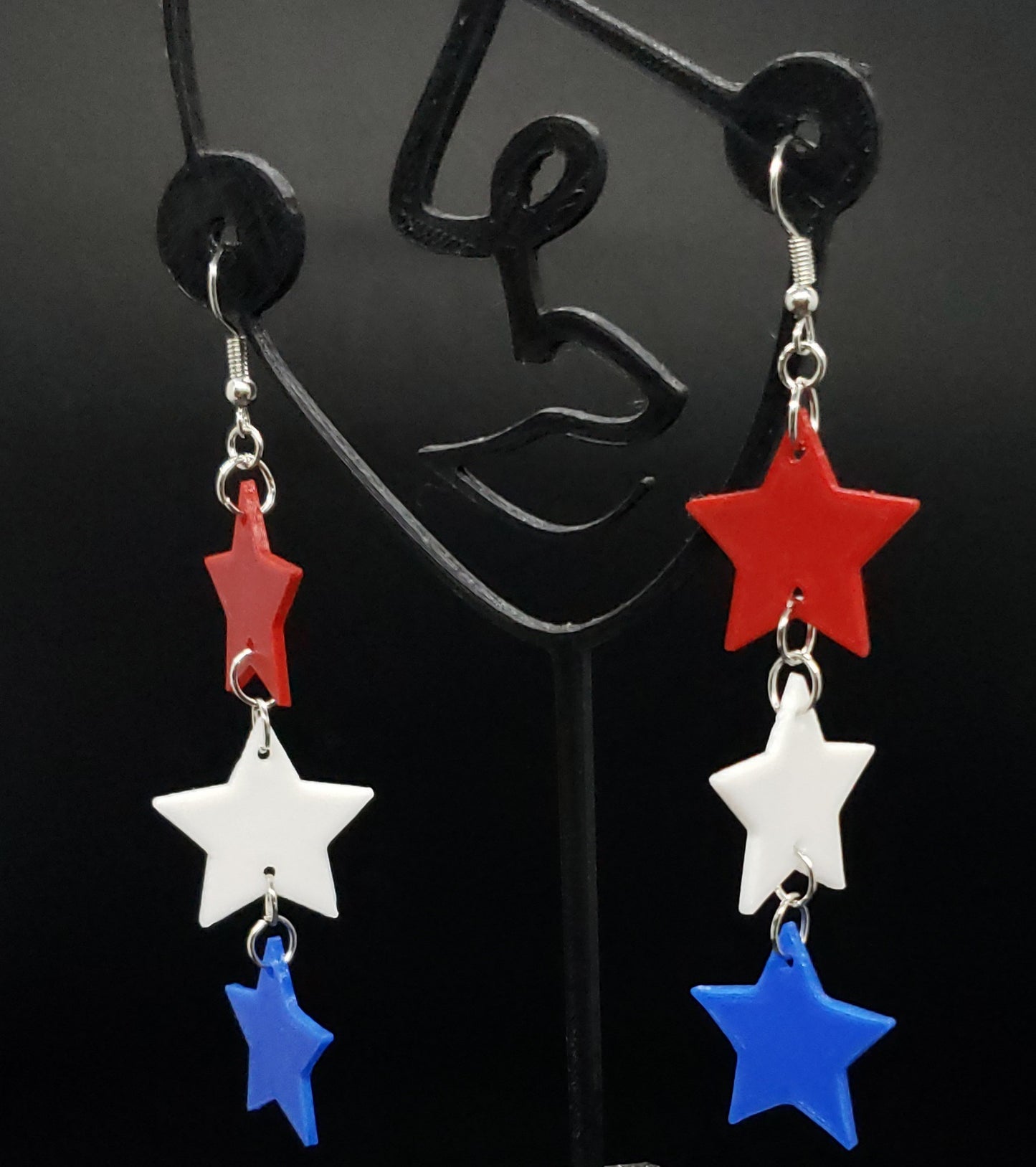 Patriotic Red, White & Blue Star, 3D Printed, Dangle Earrings