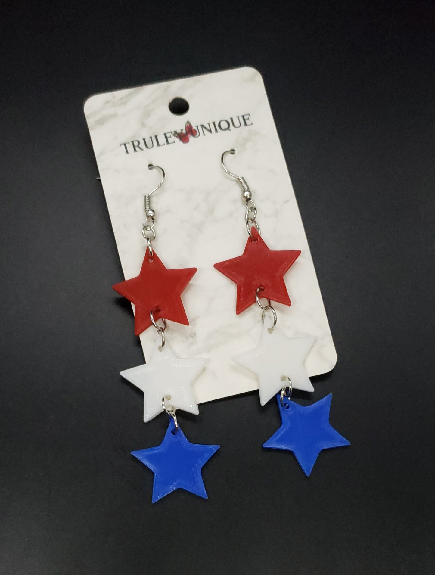 Patriotic Red, White & Blue Star, 3D Printed, Dangle Earrings