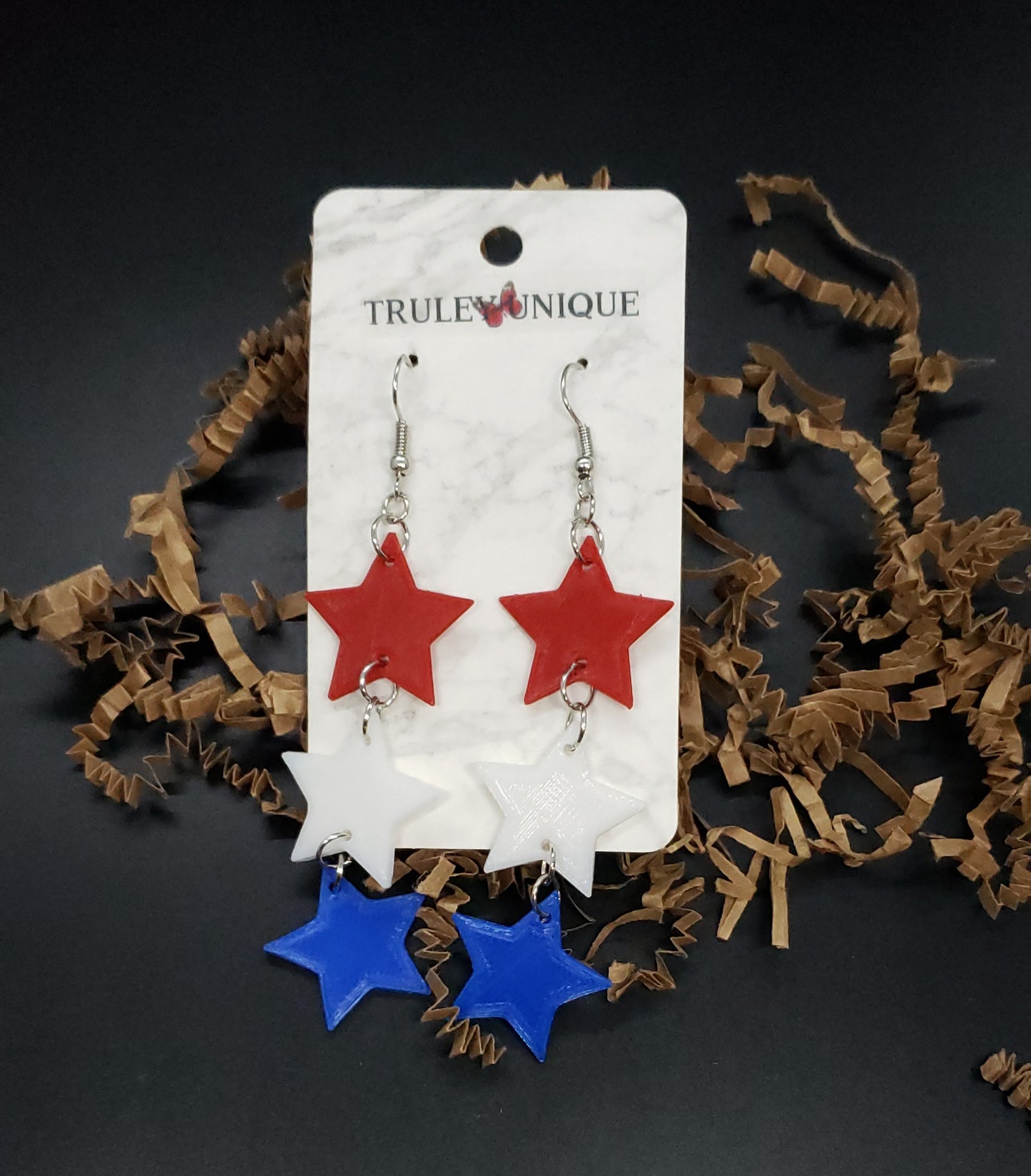 Patriotic Red, White & Blue Star, 3D Printed, Dangle Earrings