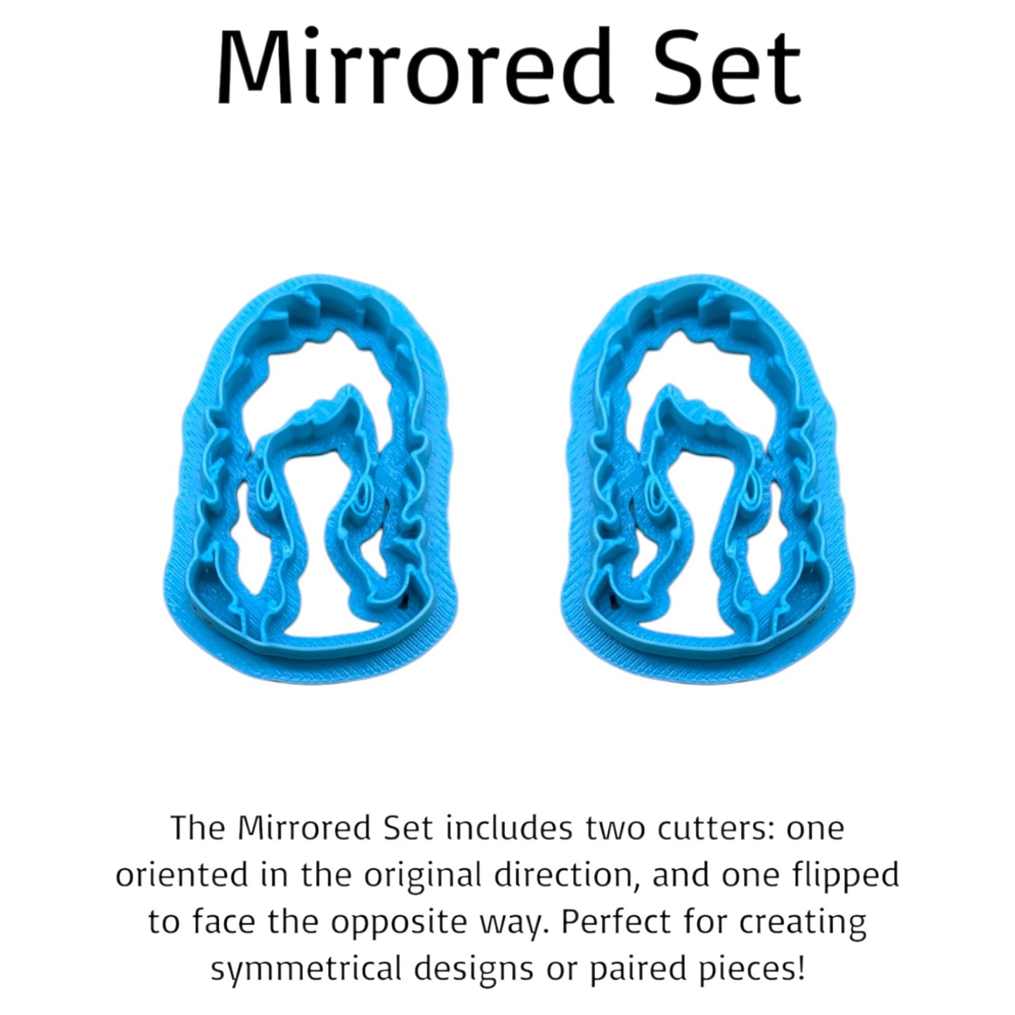 Mirrored Set of Big Hair Country Singer Bust Cookie Cutters – two blue 3D printed cutters facing opposite directions for symmetrical designs, ideal for polymer clay or fondant crafts.