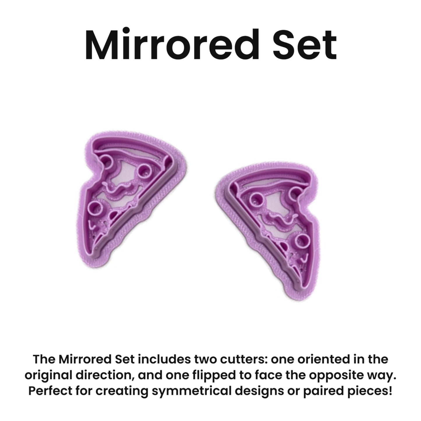 Two purple pizza shape cookie cutters labeled 'Mirrored Set' on a white background with text describing their use.