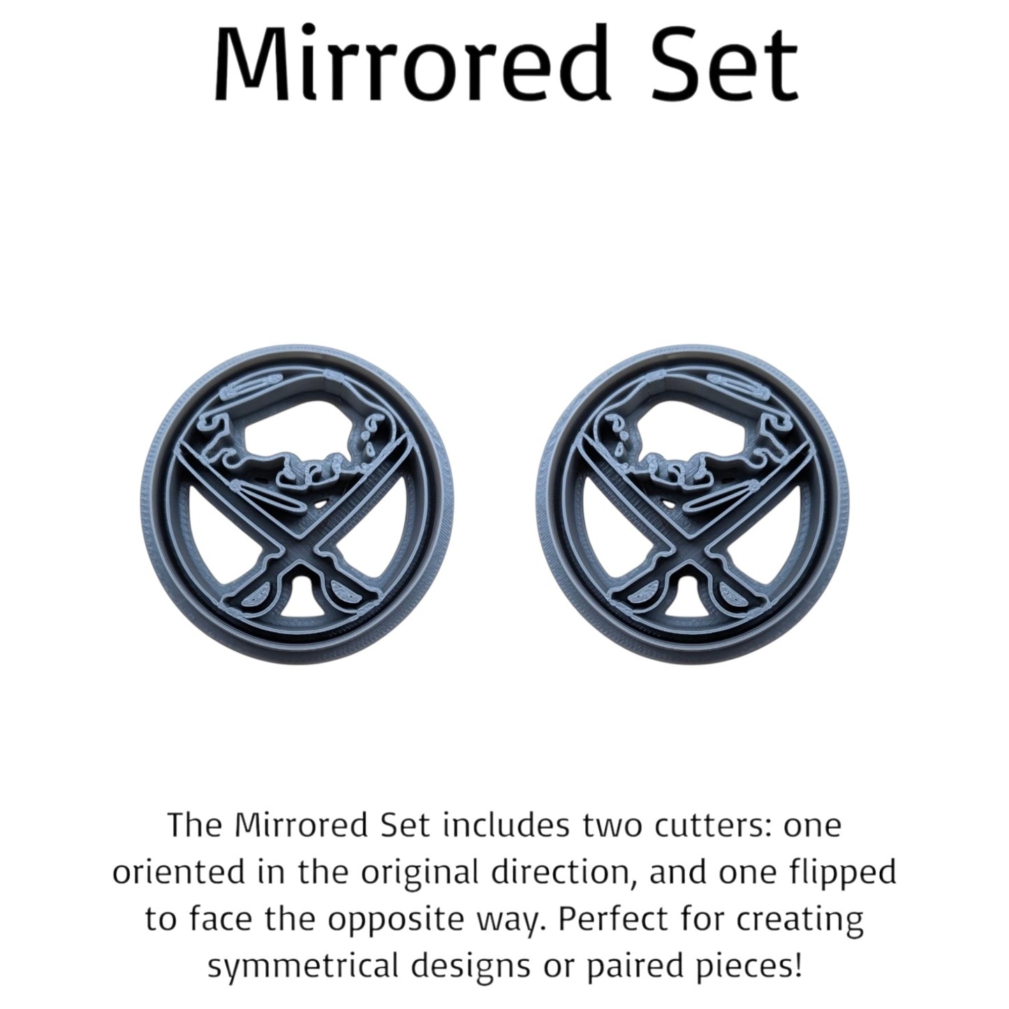 Mirrored set of two circular metal cutters with a Buffaloe Sabres design, displayed on a white background with descriptive text explaining the set.