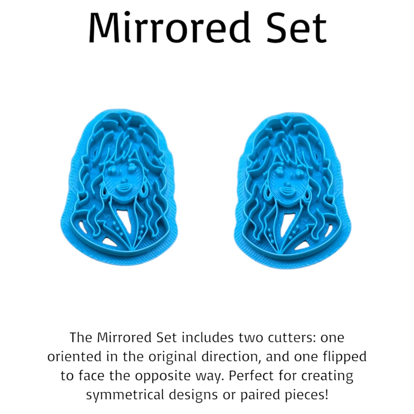 Mirrored Dolly Parton‑inspired cookie cutter set showing two blue 3D‑printed cutters facing opposite directions for symmetrical craft designs.