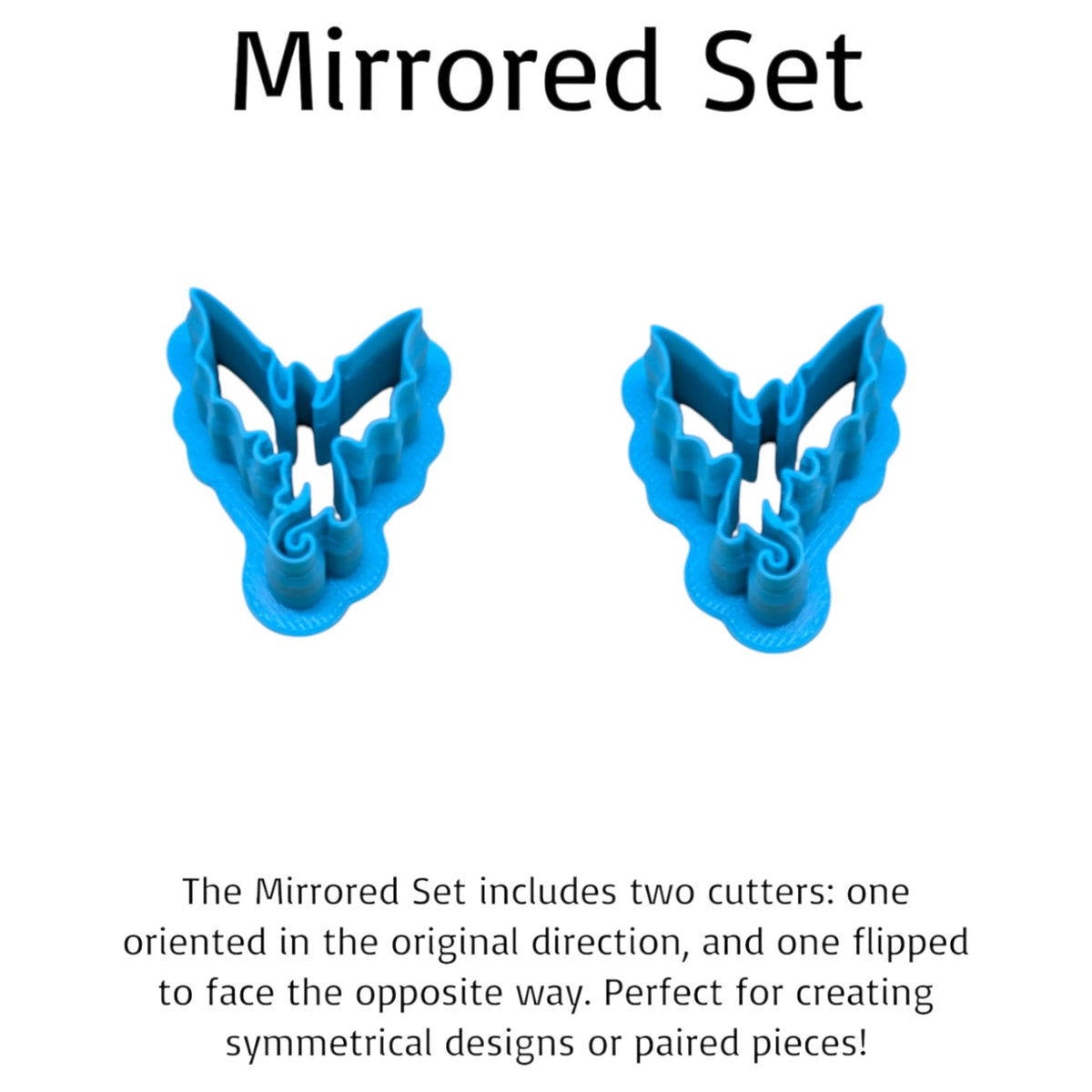 Mirrored Dragon Silhouette Style F cookie cutter set featuring two blue 3D-printed dragon cutters facing opposite directions, with pointed wings and curled tails, perfect for matching polymer clay earrings, fantasy cookies and fondant crafts.
