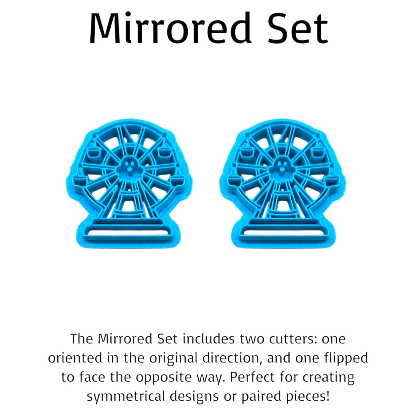 Mirrored haunted ferris wheel cookie cutter set in bright blue plastic — symmetrical Halloween craft cutters for cookies, fondant, and clay.