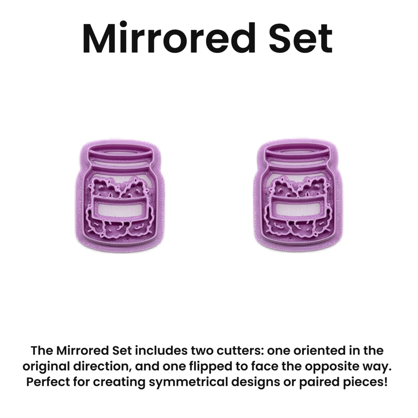 Two purple cookie cutters shaped like jars with labels on a white background, labeled 'Mirrored Set'.