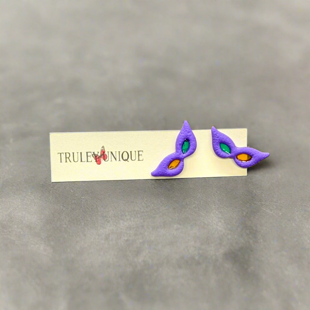 Handmade Mardi Gras Mask Polymer Clay Earrings – Style C | Limited Series of 5 Unique Artisanal Accessories