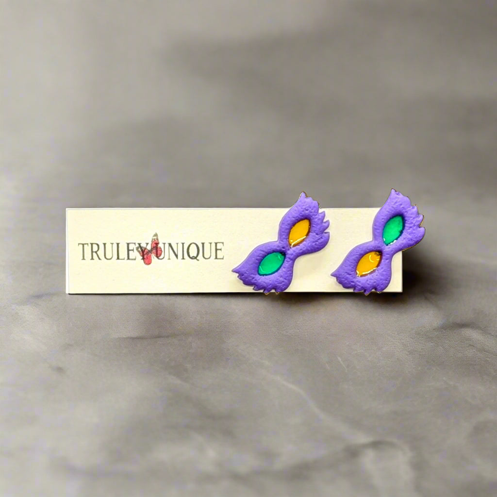 Handmade Mardi Gras Mask Polymer Clay Earrings – Style E | Limited Series of 5 Unique Artisanal Accessories