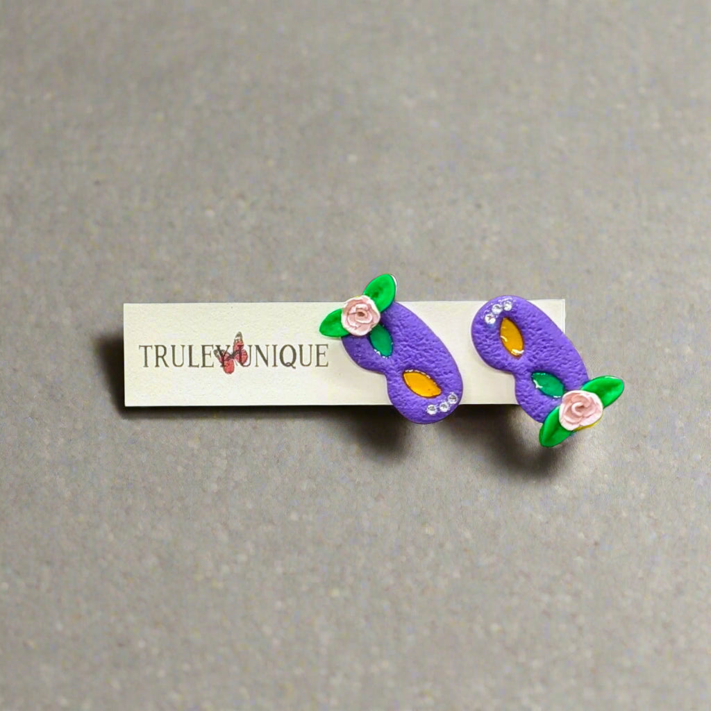 Handmade Mardi Gras Mask Polymer Clay Earrings – Style A | Limited Series of 5 Unique Artisanal Accessories