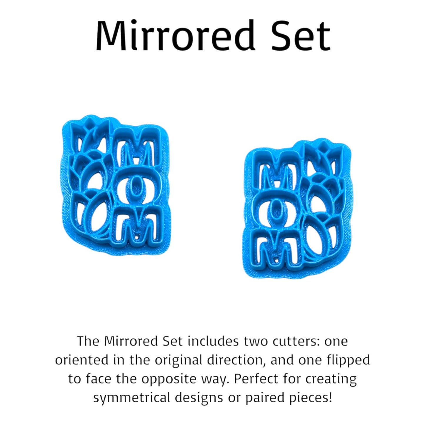 Two blue cookie cutters with a mirrored design on a white background