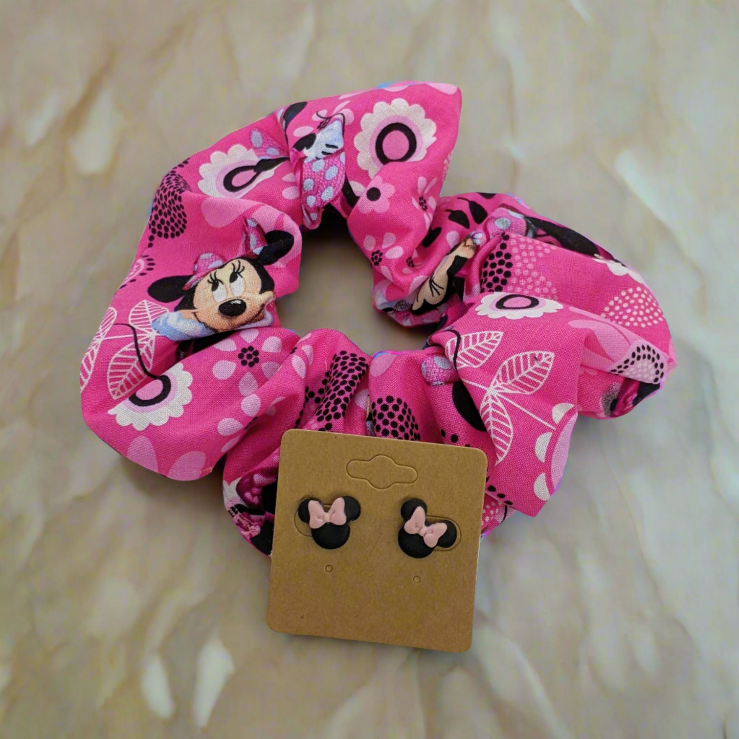 Pink Minnie Mouse Earrings & Ponytail Scrunchie Accessory Set