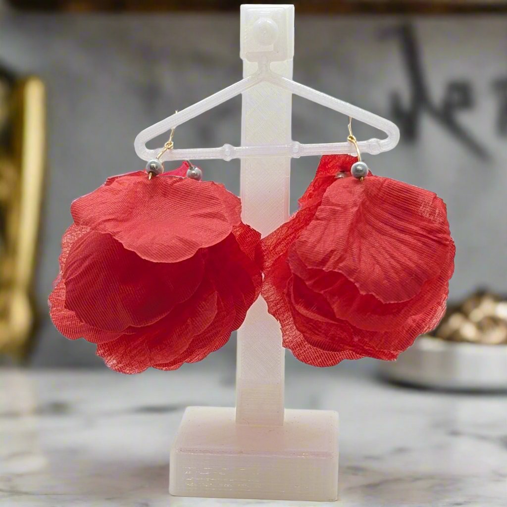 Elegant Pearl & Red Rose Petal Hoop Earrings