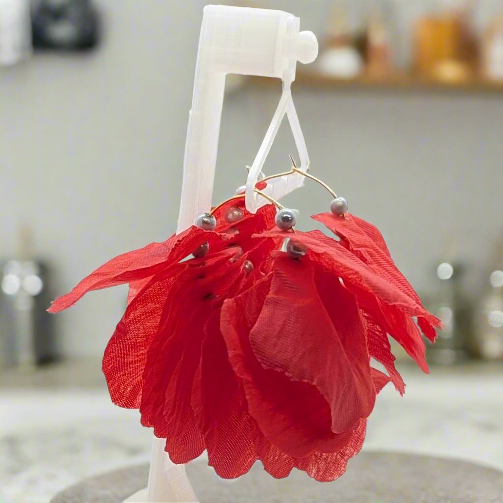 Elegant Pearl & Red Rose Petal Hoop Earrings