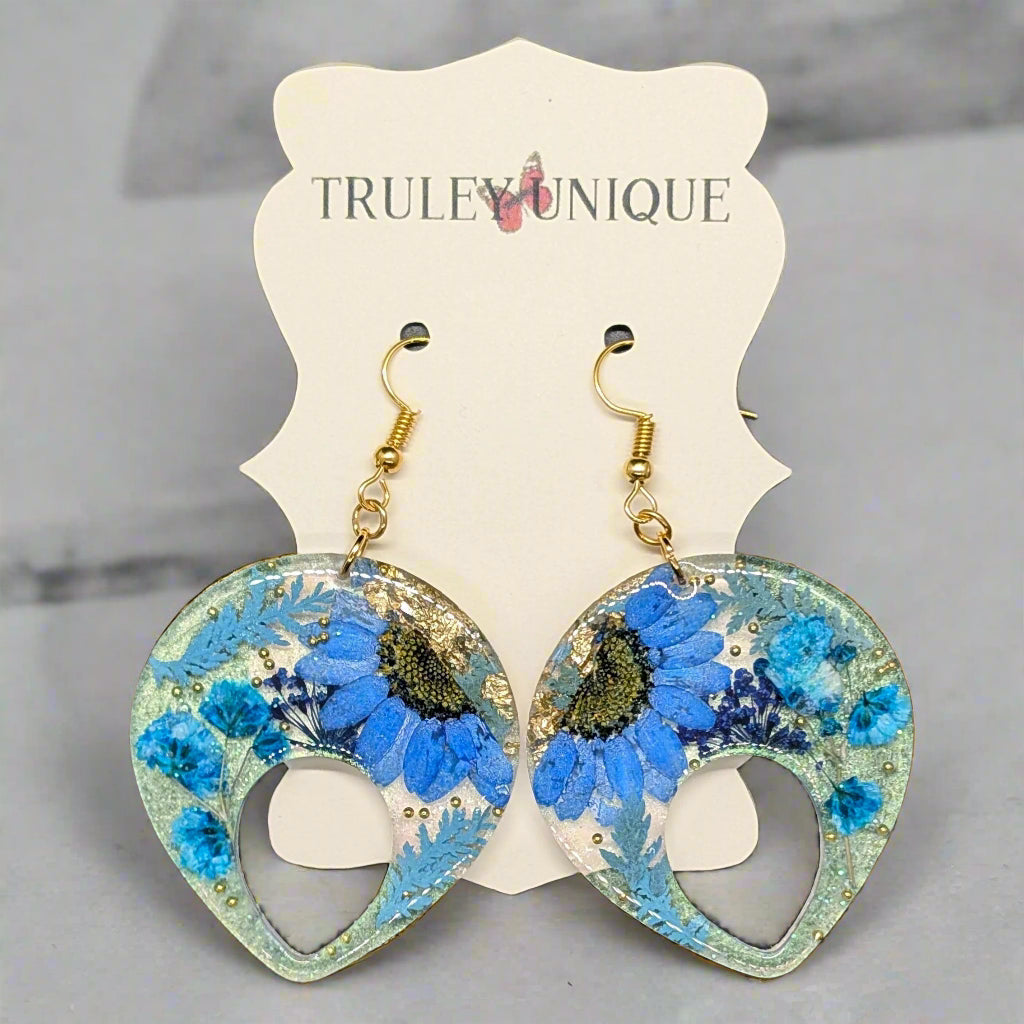 Teardrop Resin Earrings with Real Flowers - Blue Floral Design