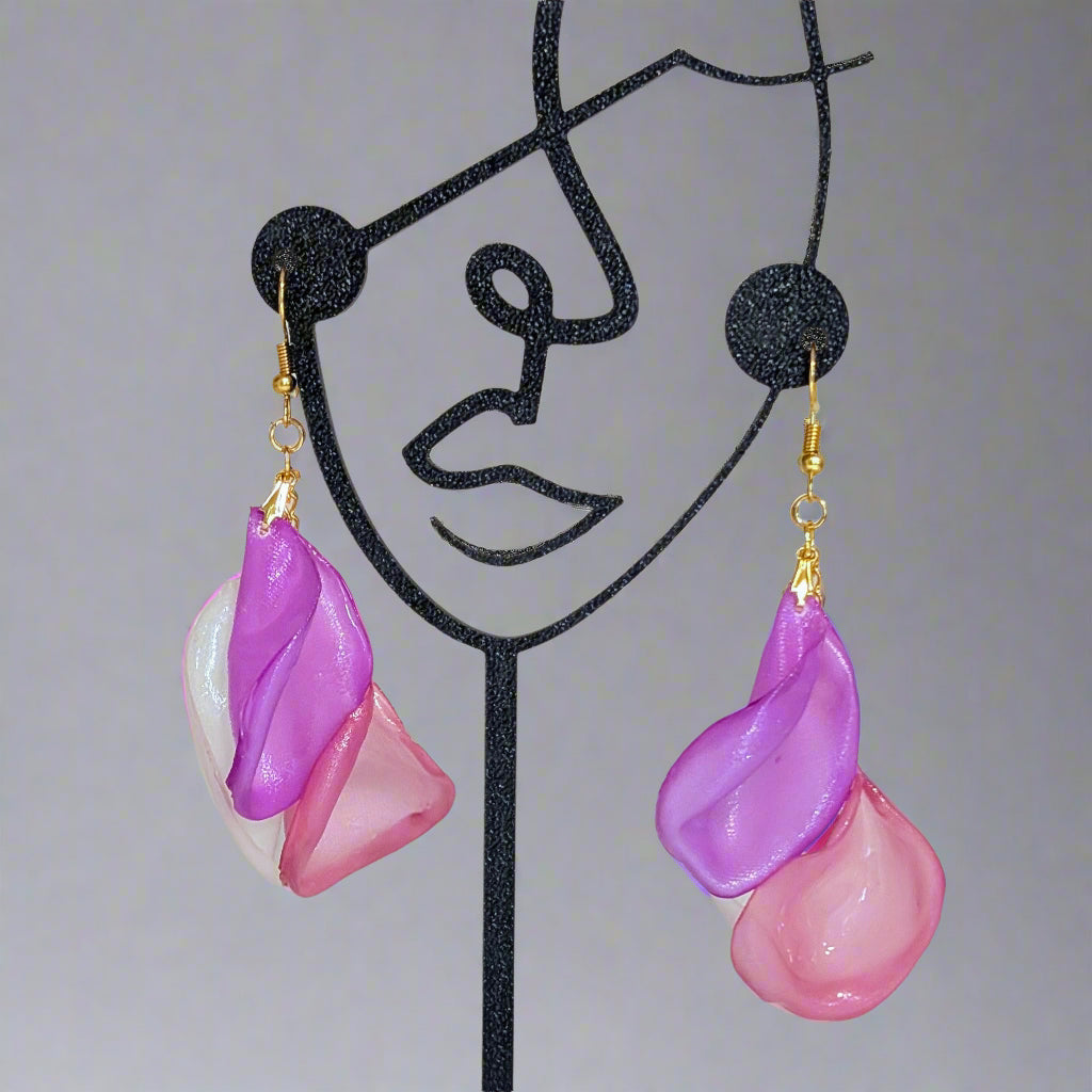 Clicking Petals, Handmade Resin-Coated Dangle Earrings – Purple, White, and Pink Trio