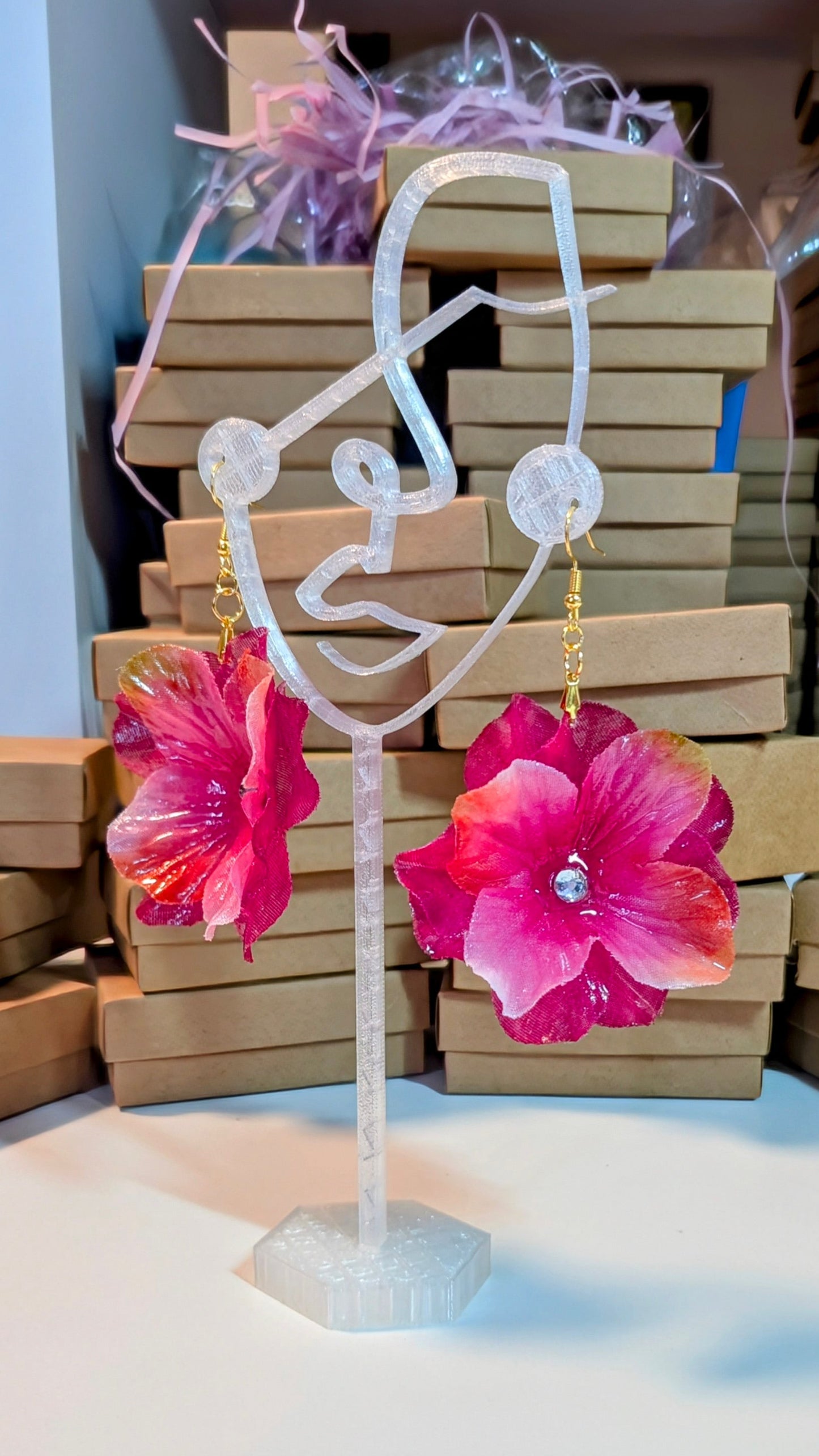 Handmade Pink Resin Flower Earrings with Jewel Center – 2.25 Inch Floral Dangle Jewelry