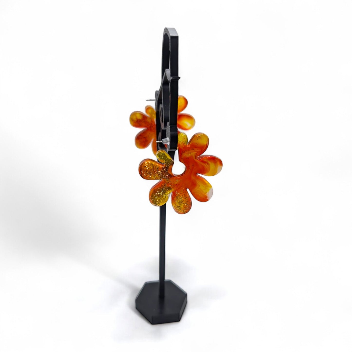 Red, Yellow, White & Gold, Tortoise Shell, Flower Hoop Earrings - Handmade with Resin and Gold Foil Detail