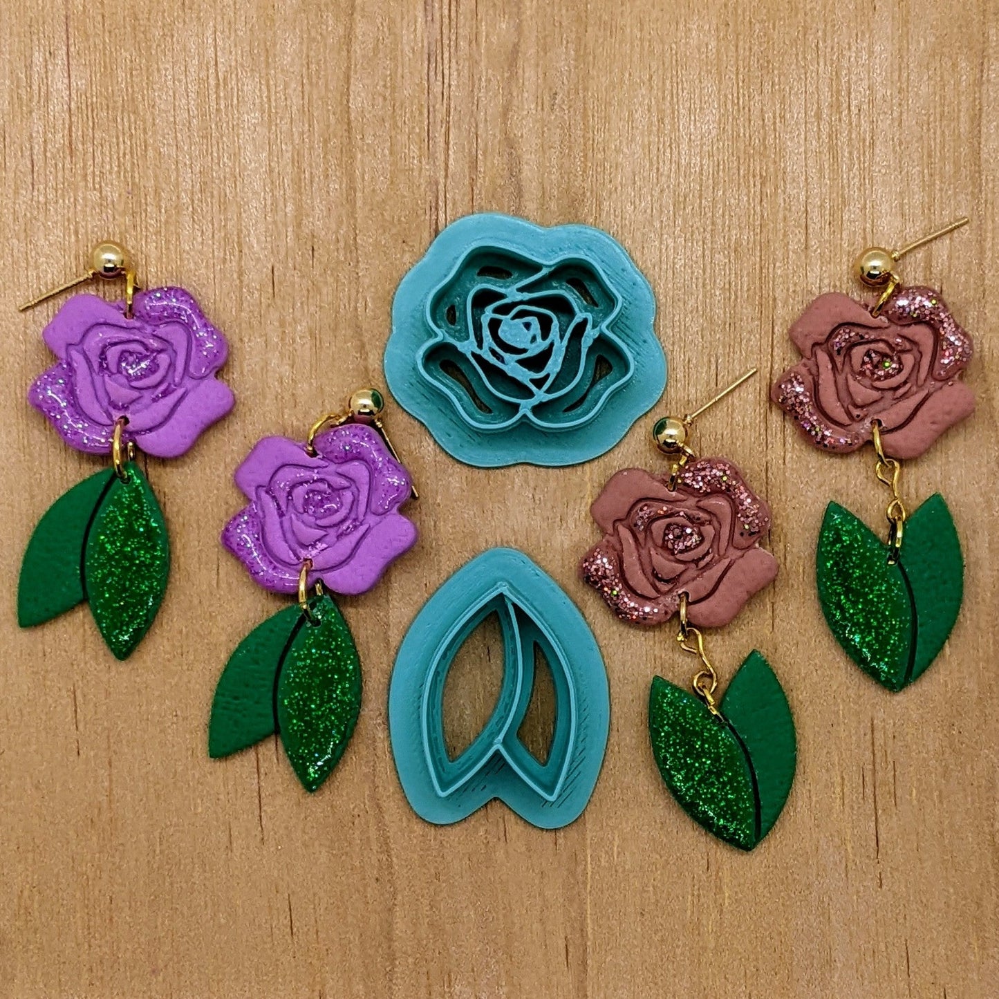 Rose & Leaves, 2 Piece, Polymer Clay Earring Cutter Set
