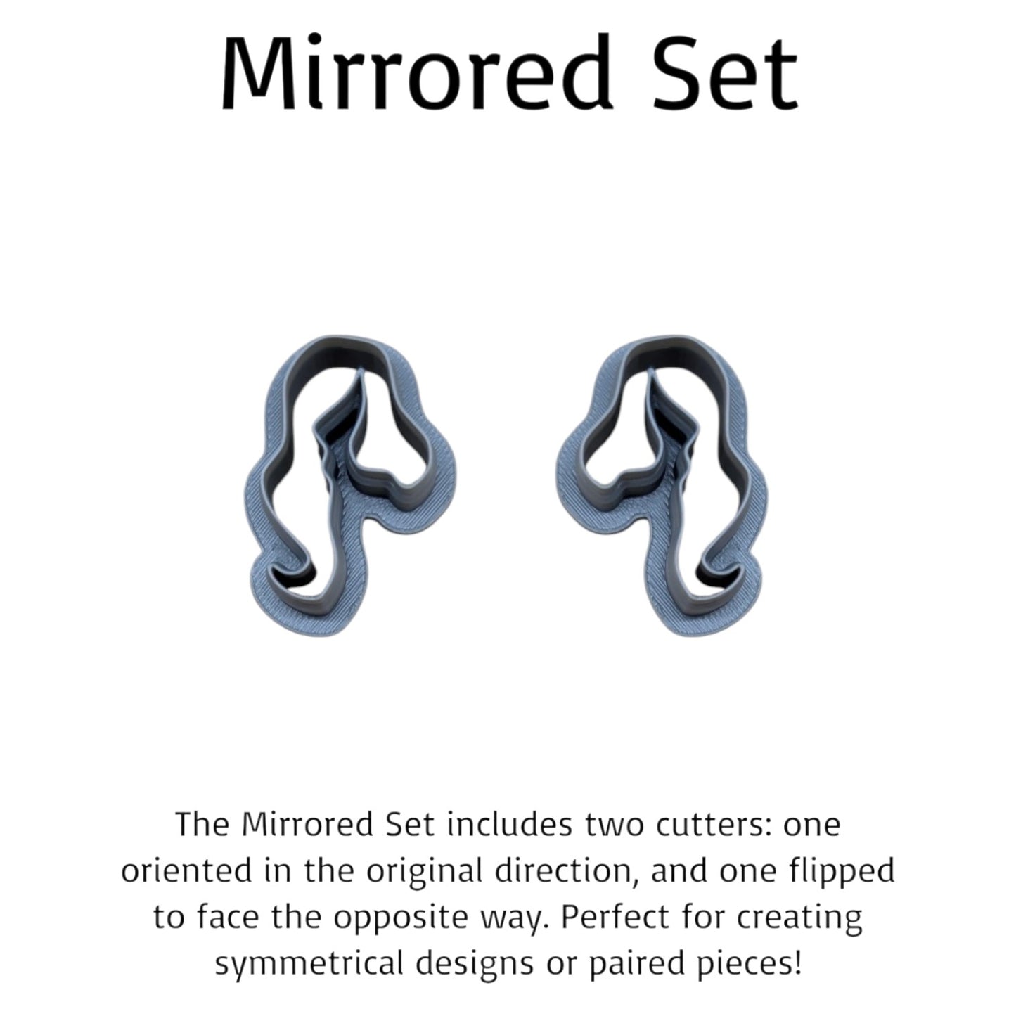 Mirrored hair‑silhouette cookie cutter set — two 3D‑printed cutters facing opposite directions for symmetrical polymer clay, fondant, or cookie designs.