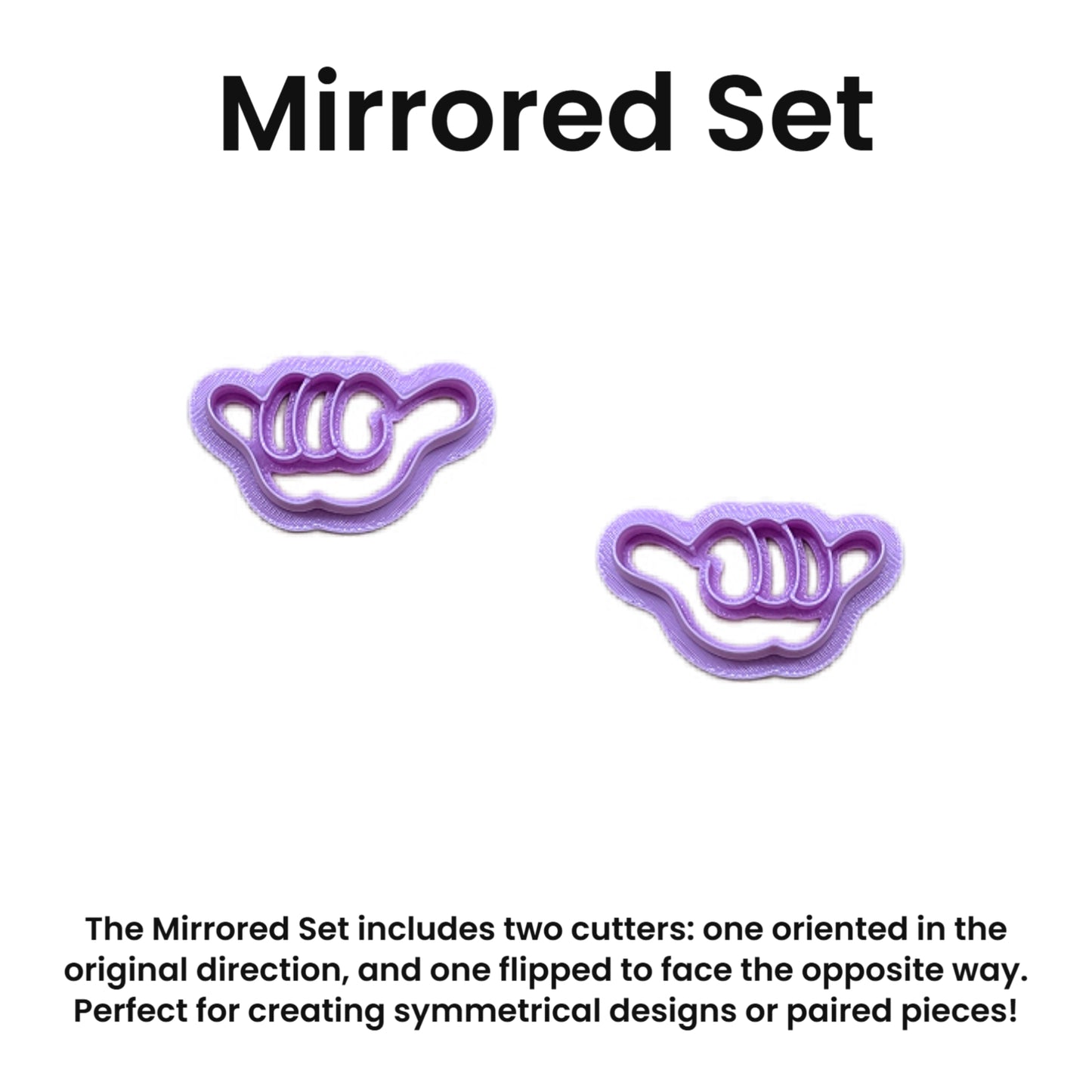 Two purple cookie cutters shaped like a hand with text explaining their mirrored design on a white background.