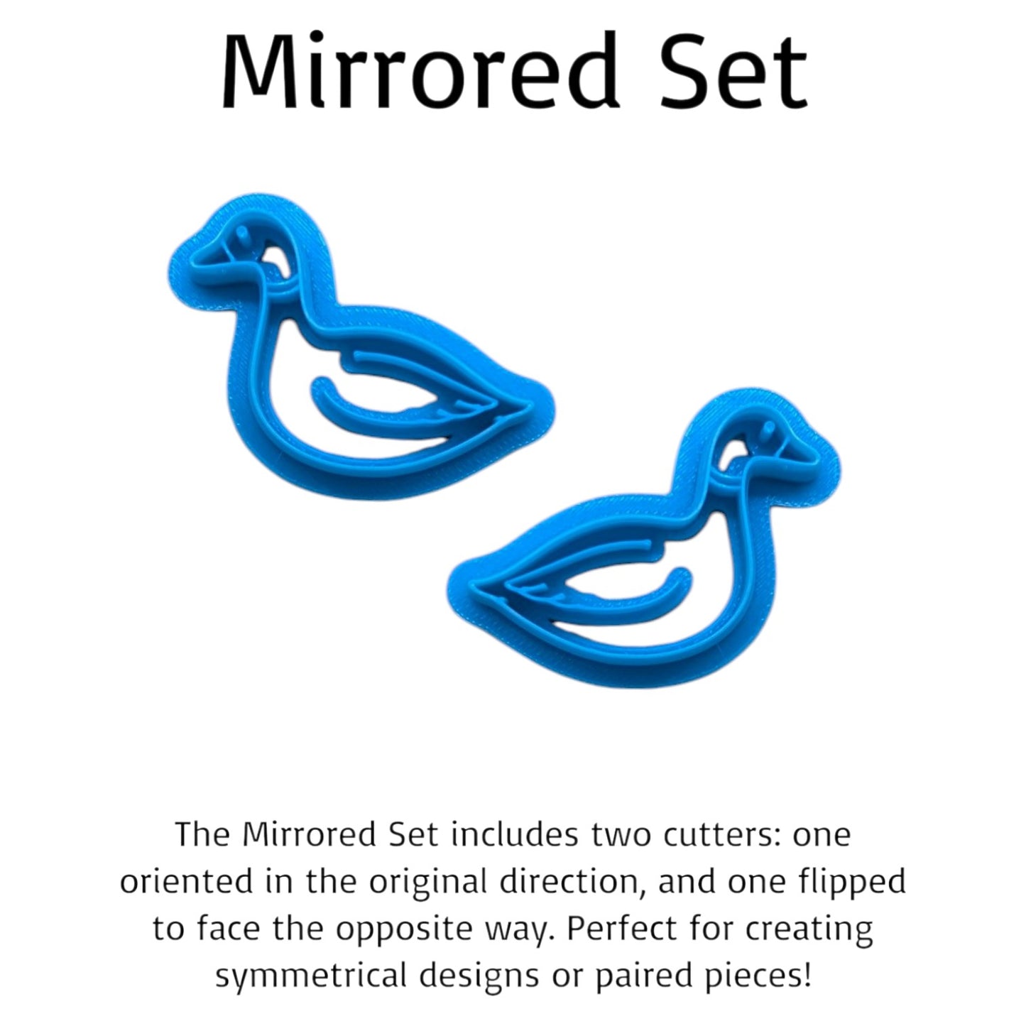 Two blue duck-shaped cookie cutters with text explaining their mirrored design on a white background.