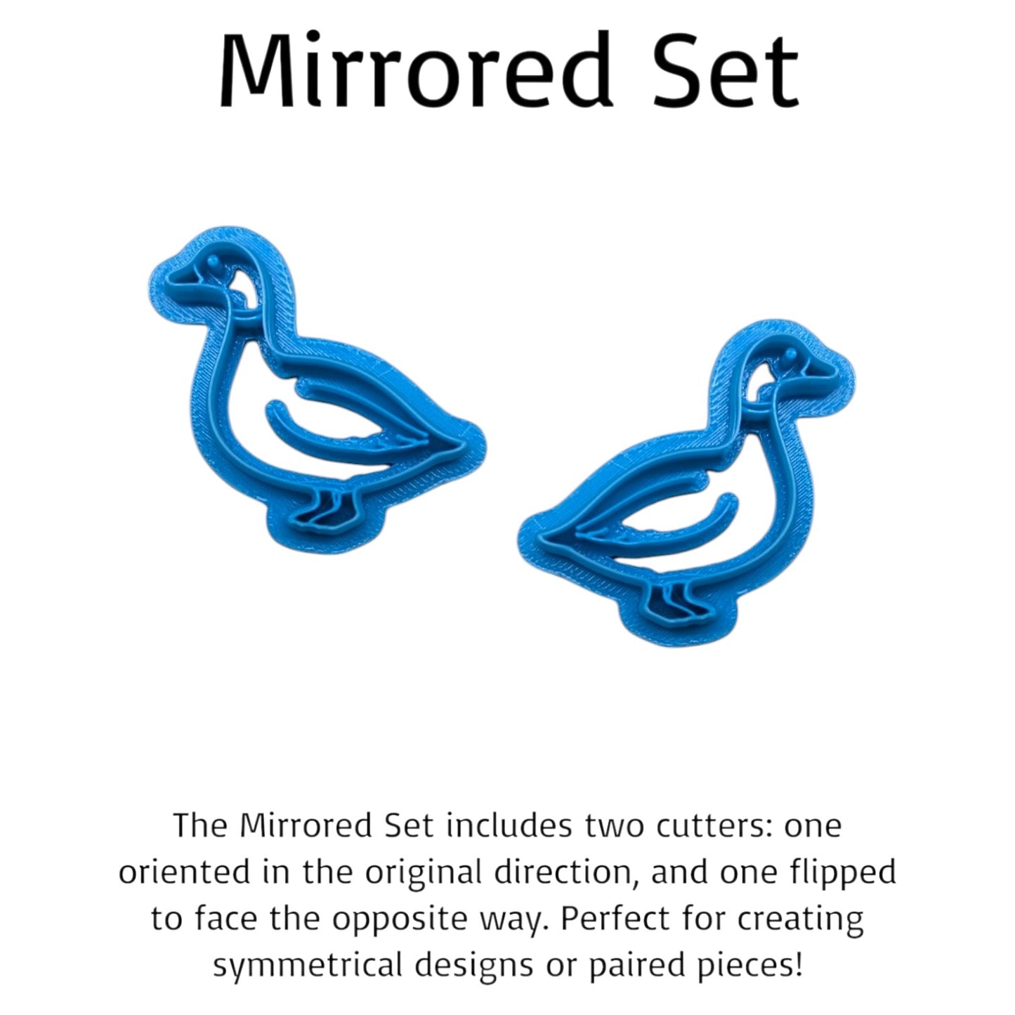 Two blue duck-shaped cookie cutters on a white background with text describing the mirrored set.