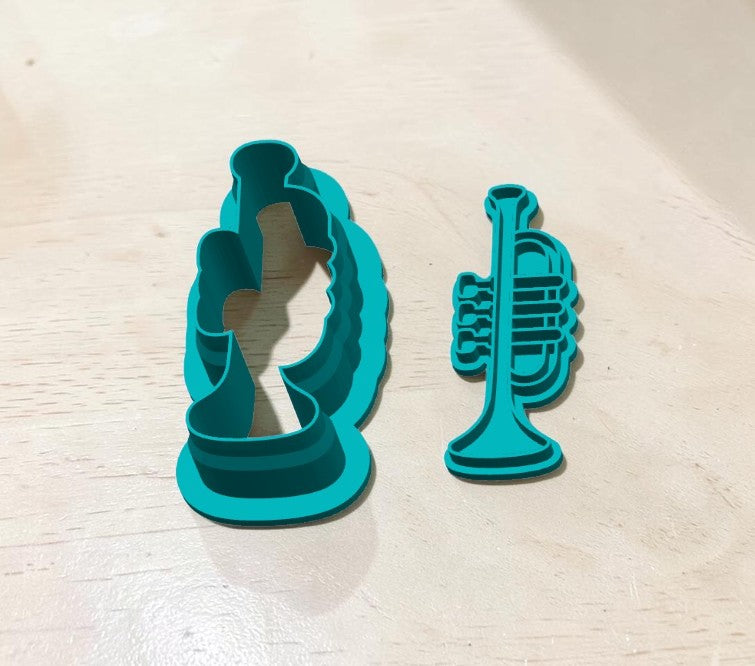 Trumpet Style A outline cutter and detailed stamp shown separately for cookies, polymer clay, fondant, pottery and ceramics