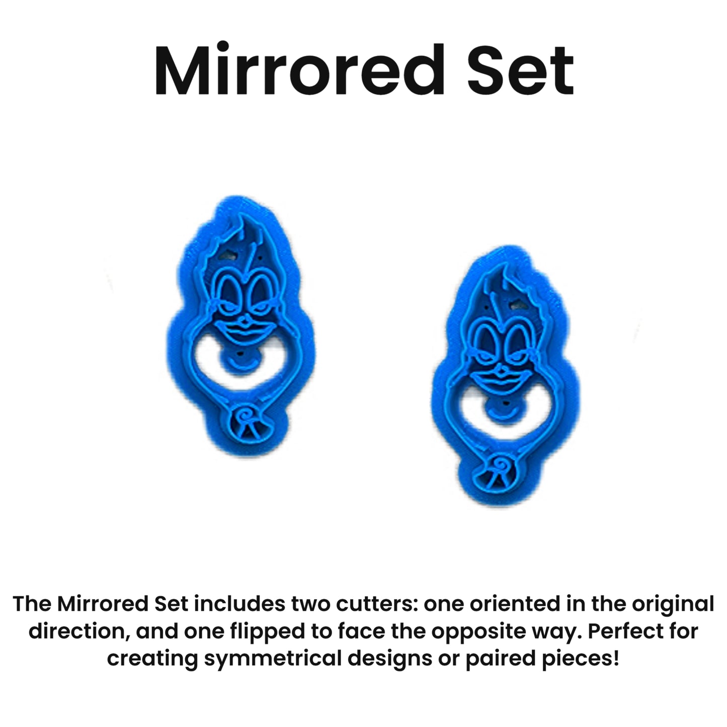 Two blue cookie cutters with a mirrored design on a white background