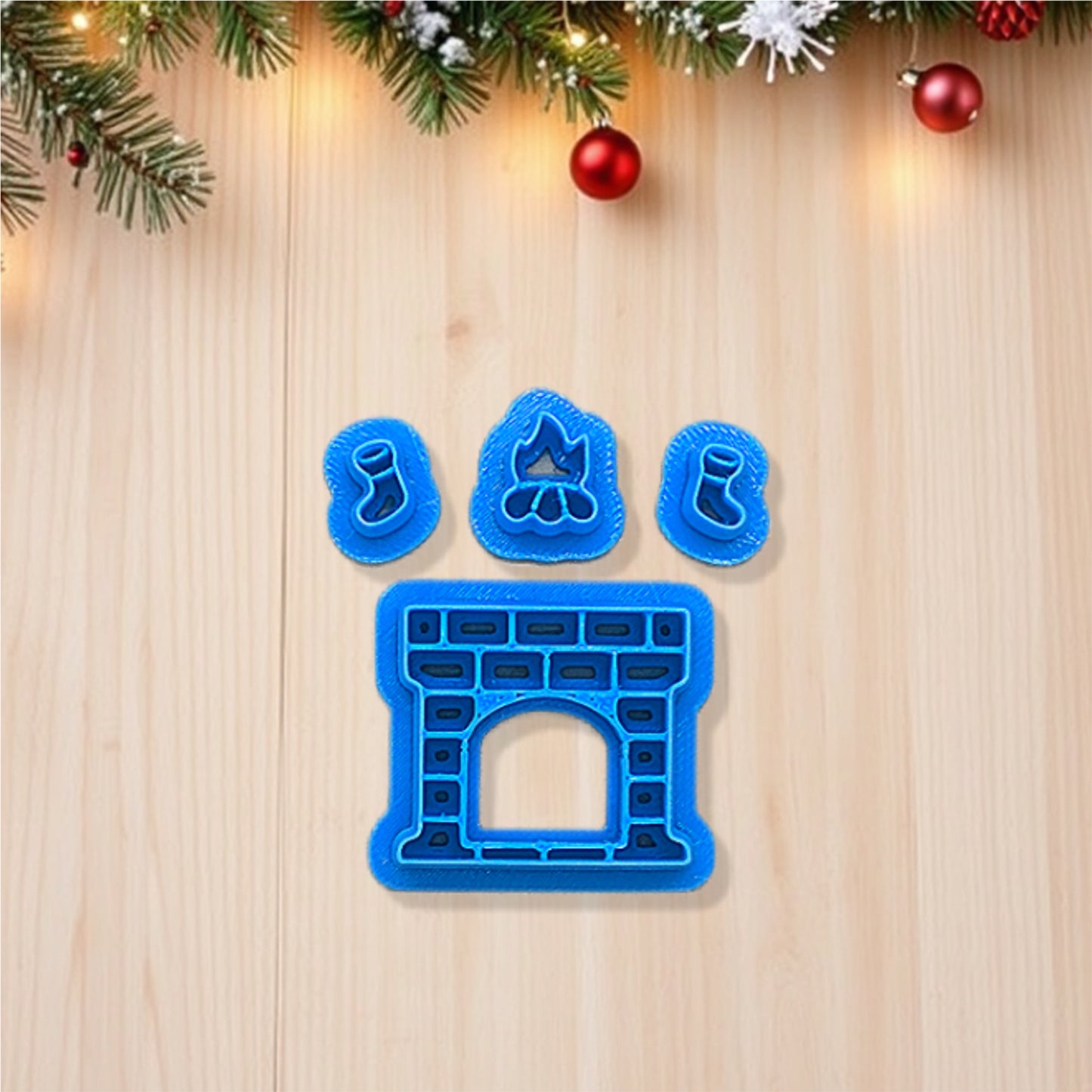 Cozy Fireplace, Burning Logs and Christmas Stockings 4 Piece Cookie Cutter Set: Ideal for Cookies, Ceramics, Pottery, Polymer Clay, and Fondant