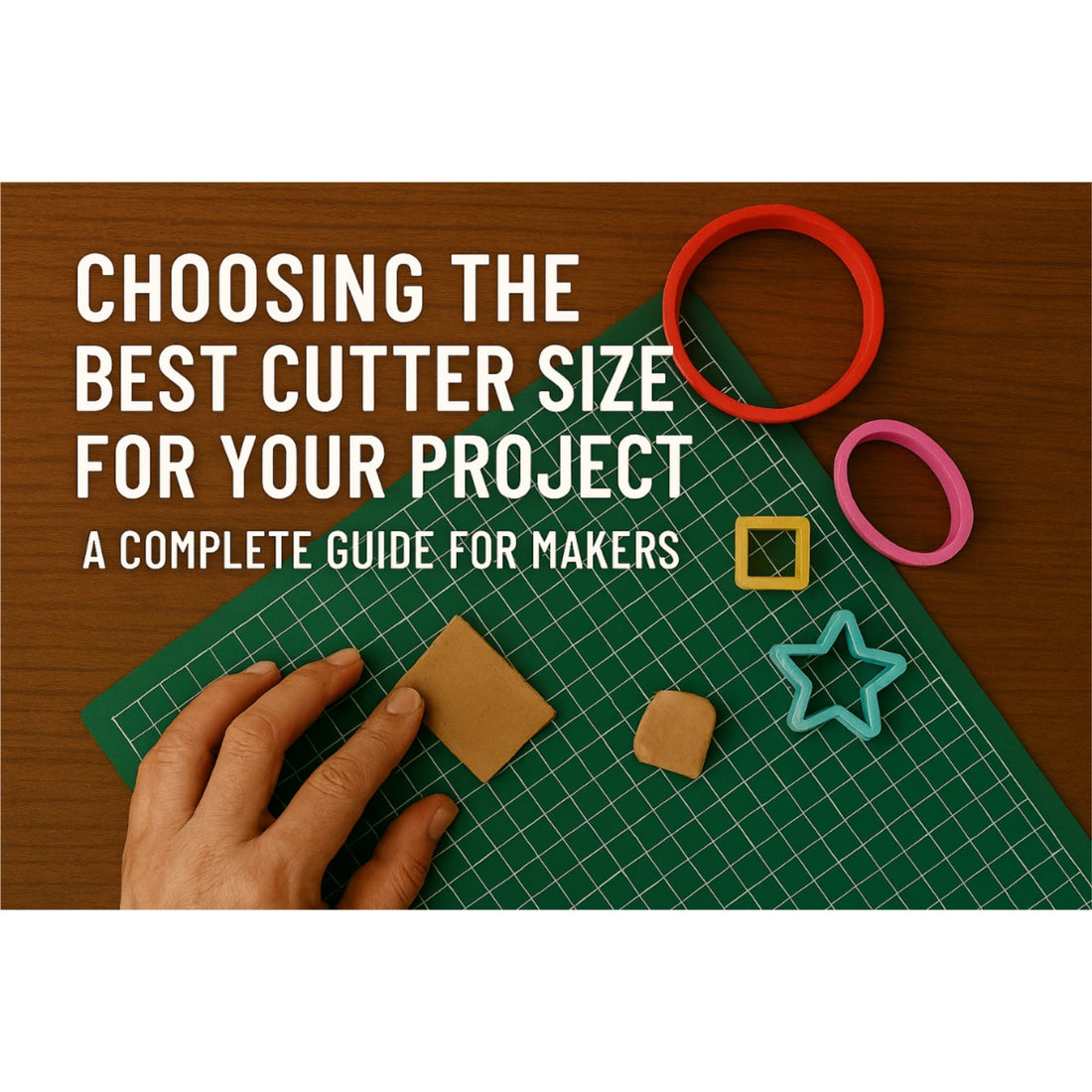 cookie and clay cutters lying on sizing board