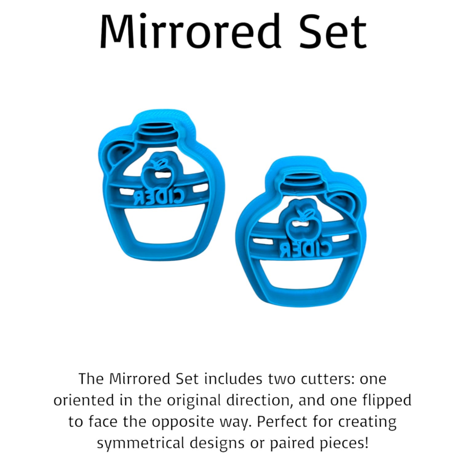 A pair of bright blue mirrored plastic cutters shown on a white background with black text explaining that the set includes two cutters facing opposite directions.