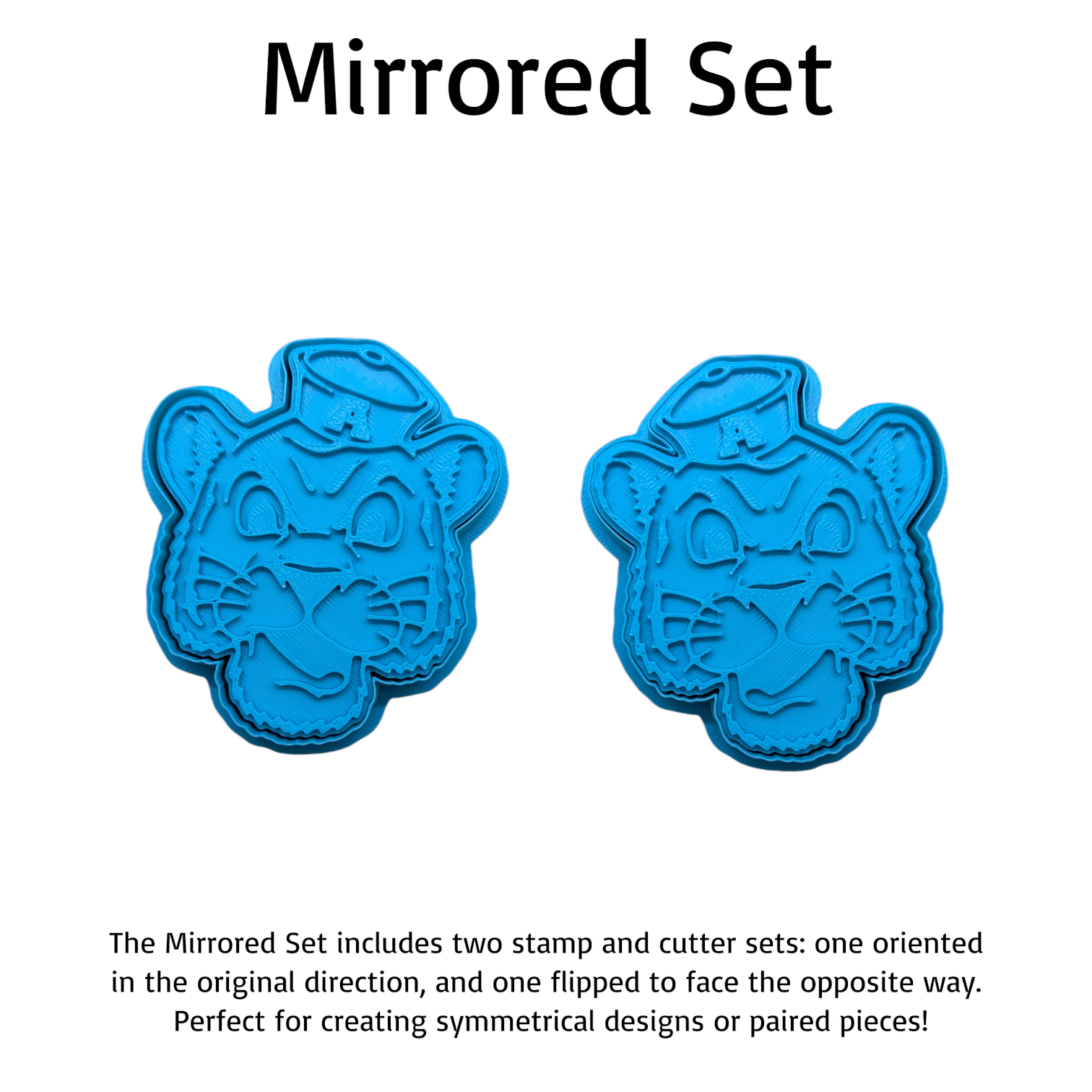 Mirrored Auburn Tiger stamp and cutter set – two blue 3D‑printed tiger faces facing opposite directions for symmetrical cookie or clay designs.