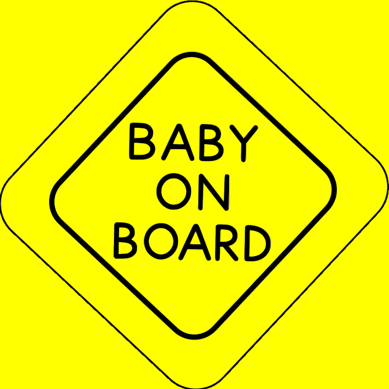 Diamond-shaped 'Baby on Board' sign with black text on a white background