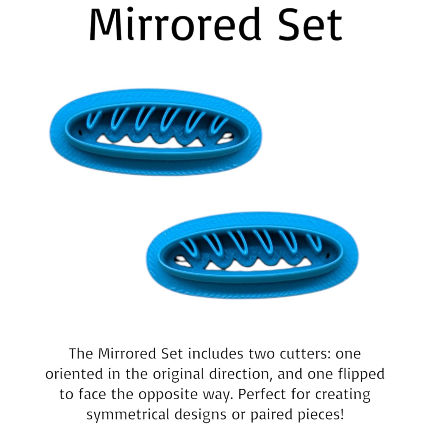 Two blue plastic cutters labeled 'Mirrored Set' on a white background.