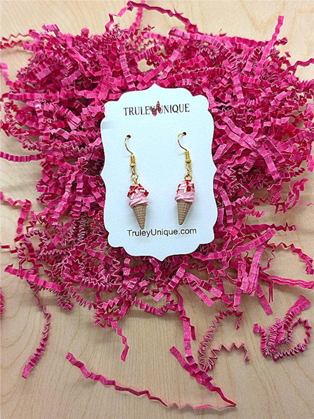 Miniature Strawberry Ice Cream Cone Earrings with Red & White Sprinkles