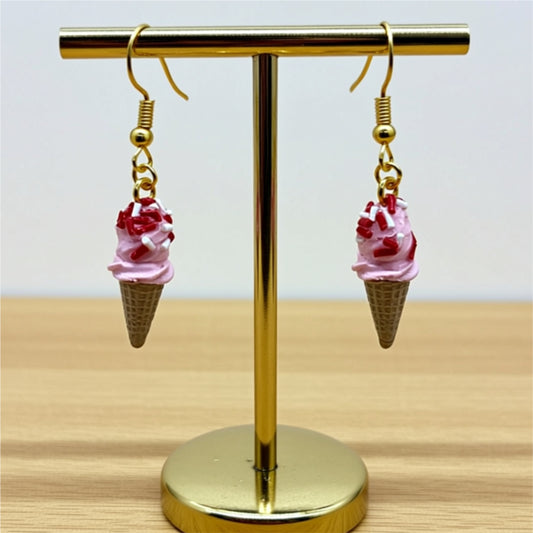 Miniature Strawberry Ice Cream Cone Earrings with Red & White Sprinkles