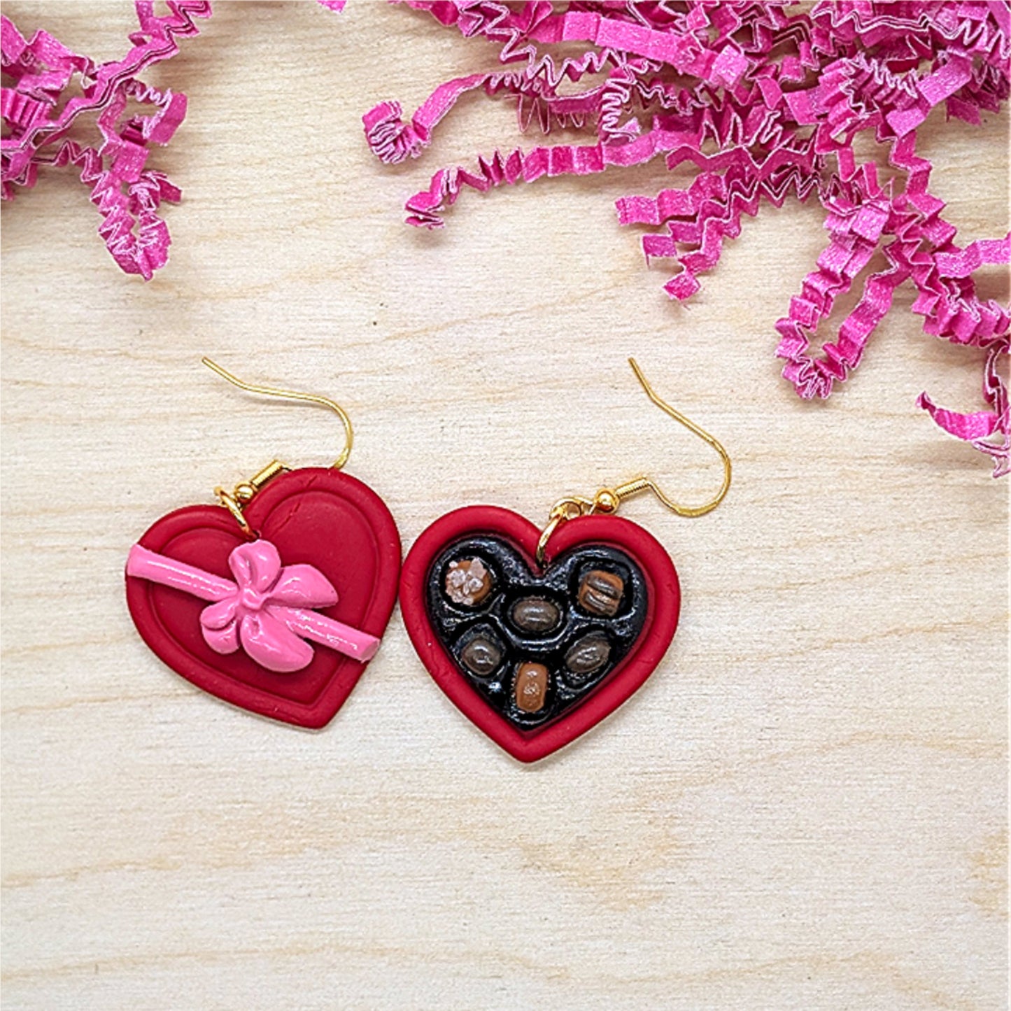 Mini Valentine Chocolate Box Earrings – Handmade Polymer Clay Heart Jewelry Gift
