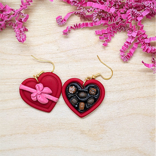 Mini Valentine Chocolate Box Earrings – Handmade Polymer Clay Heart Jewelry Gift