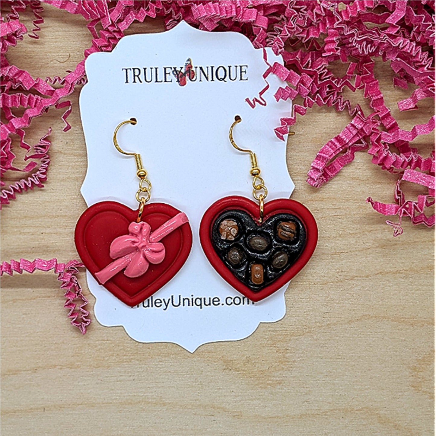 Mini Valentine Chocolate Box Earrings – Handmade Polymer Clay Heart Jewelry Gift