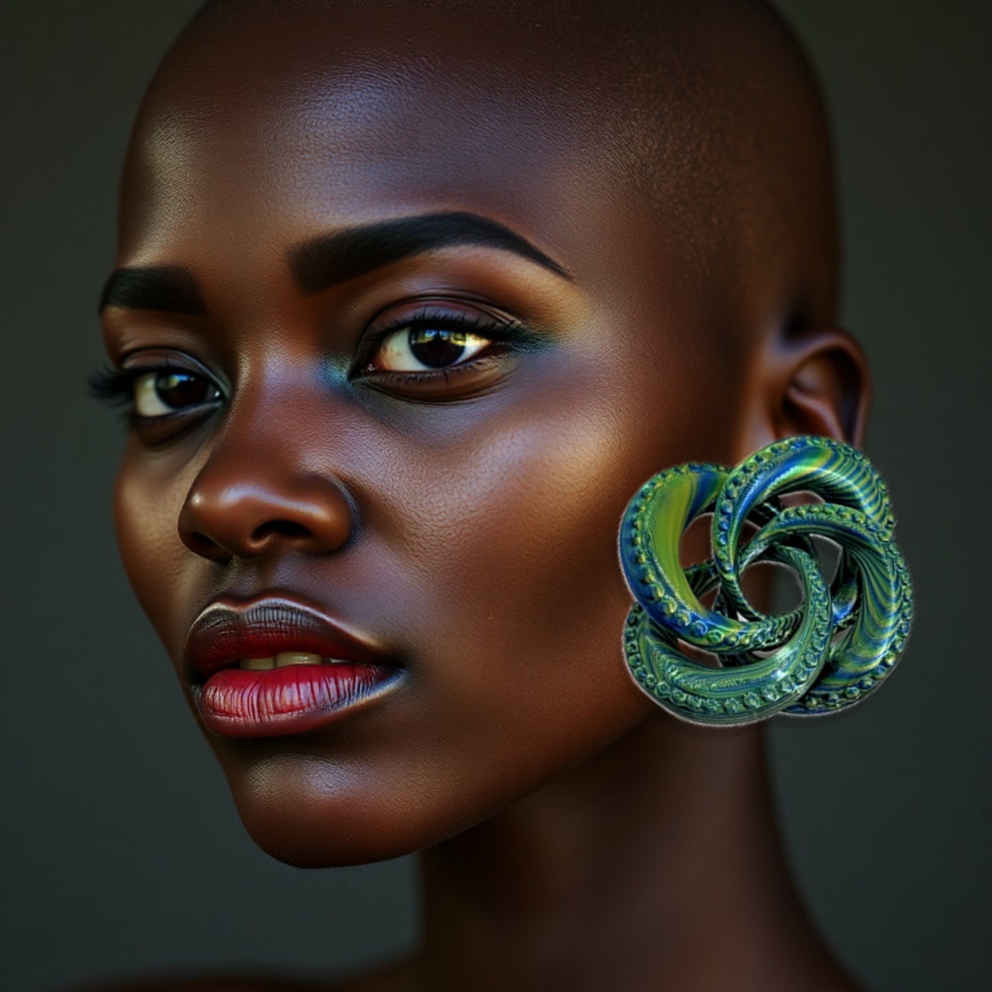 Close-up of a woman wearing large, decorative earrings against a dark background