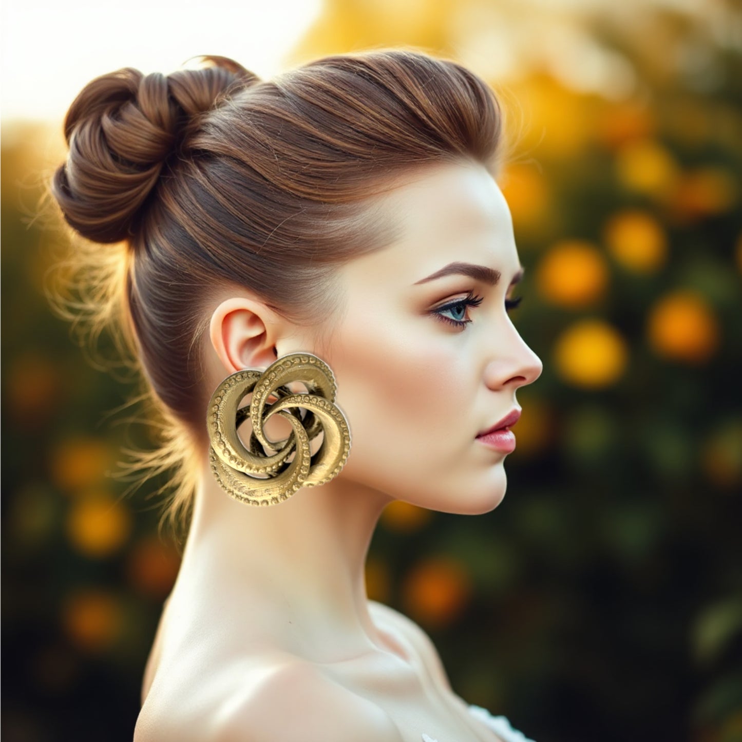 Woman wearing large gold earrings with a blurred natural background