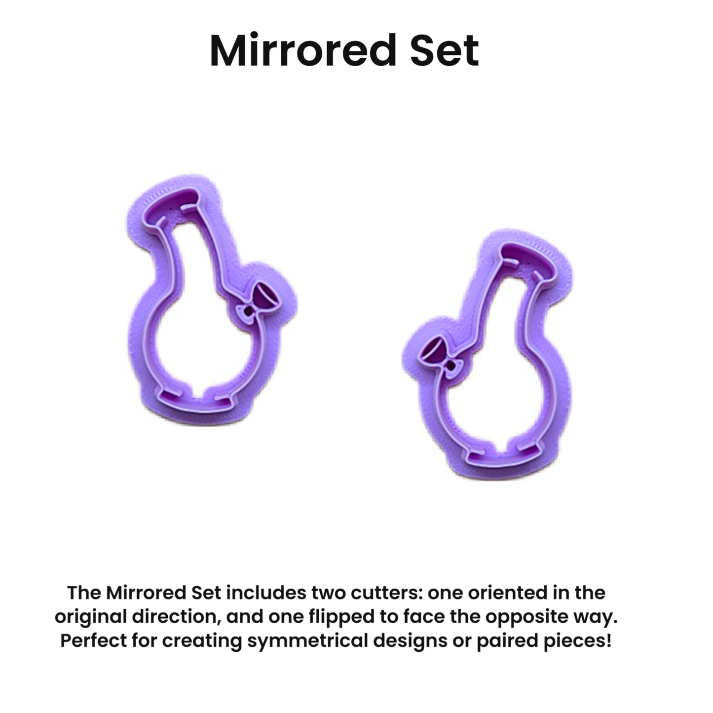 Two purple cookie cutters on a white background with text describing the mirrored set.