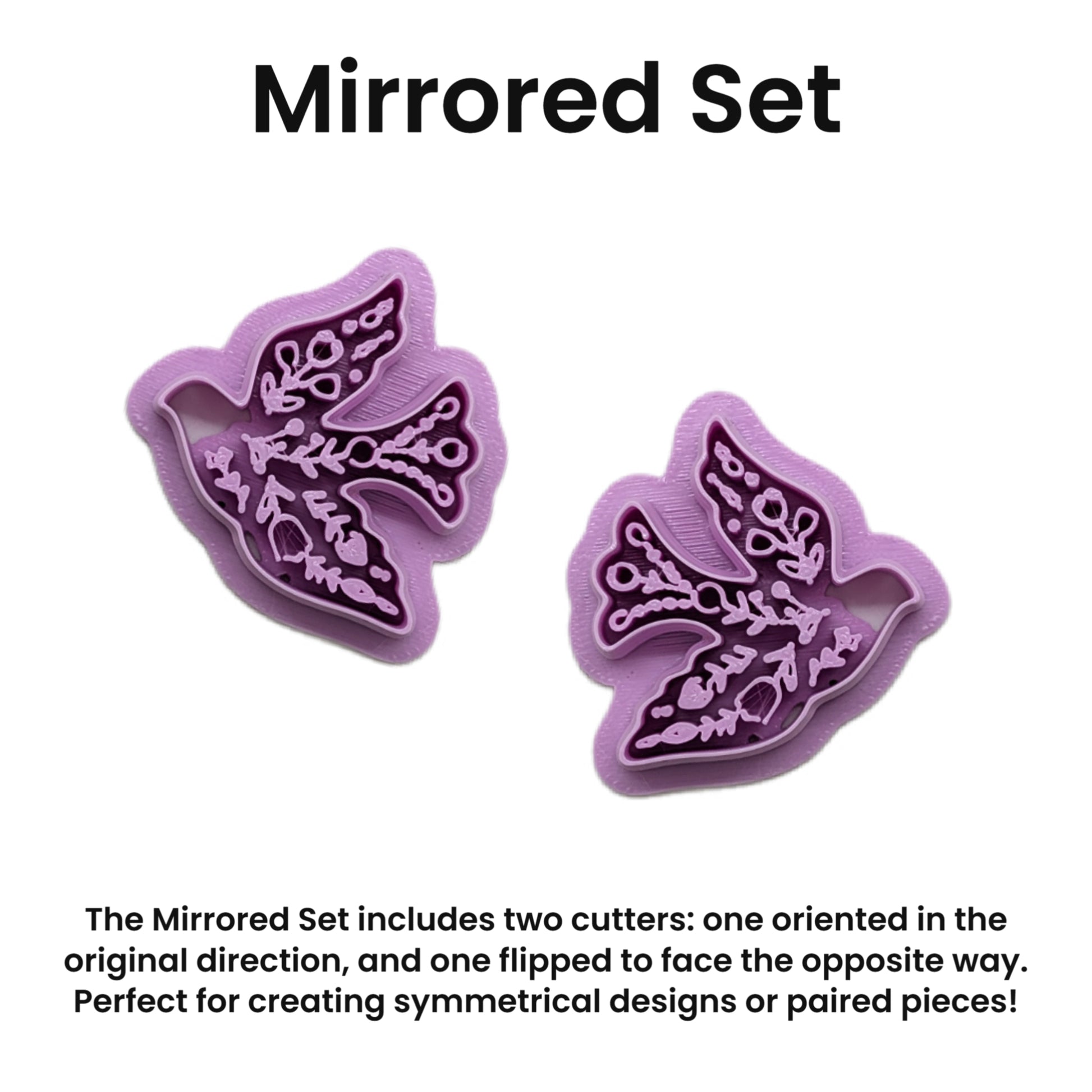 Two purple cookie cutters with floral designs on a white background, labeled 'Mirrored Set'.