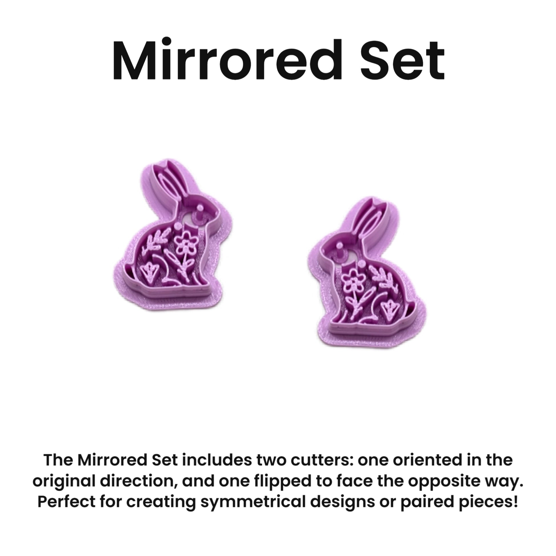 Two purple bunny-shaped cookie cutters with floral designs on a white background, labeled 'Mirrored Set'.
