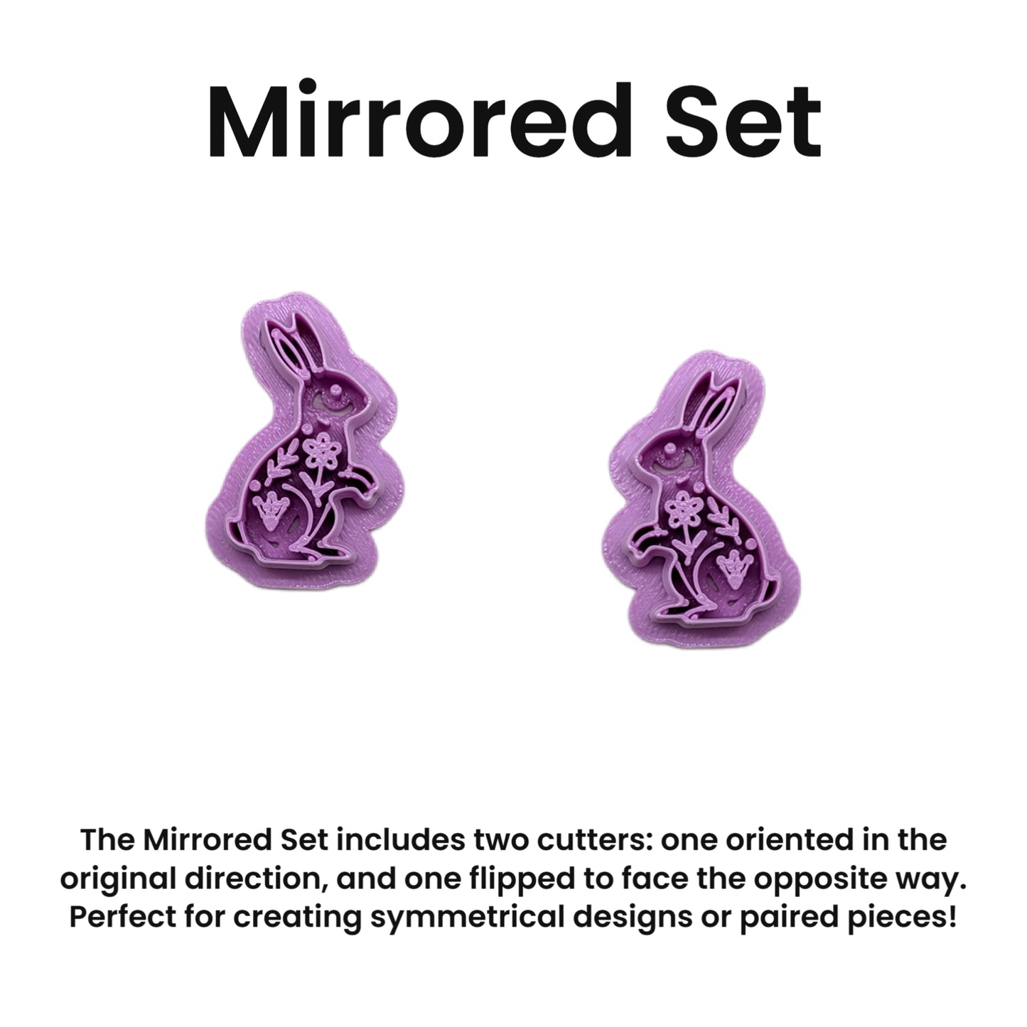 Two purple bunny-shaped cookie cutters with floral designs on a white background, labeled 'Mirrored Set'.