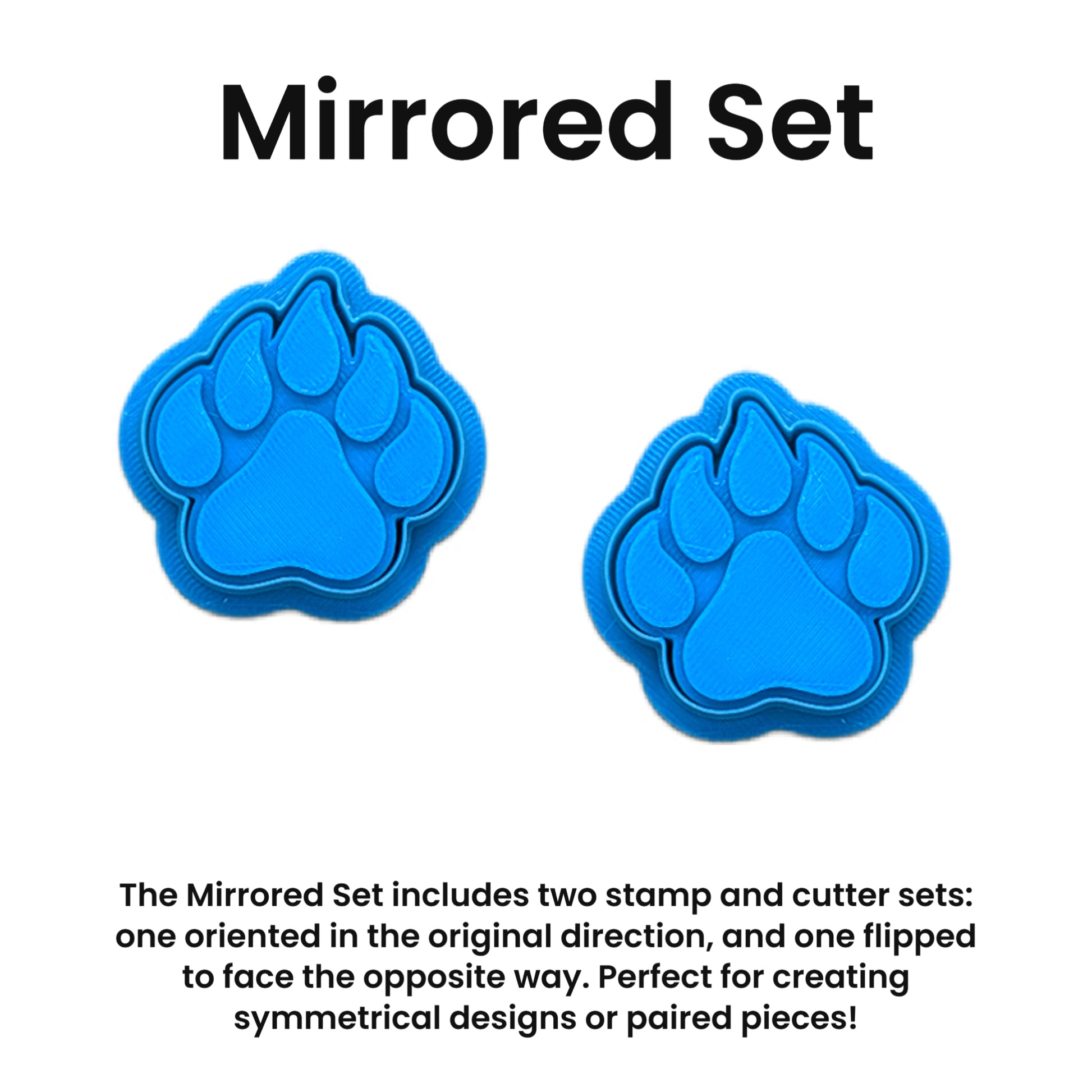 Two blue paw print stamp and cutter sets on a white background with text describing the mirrored set.