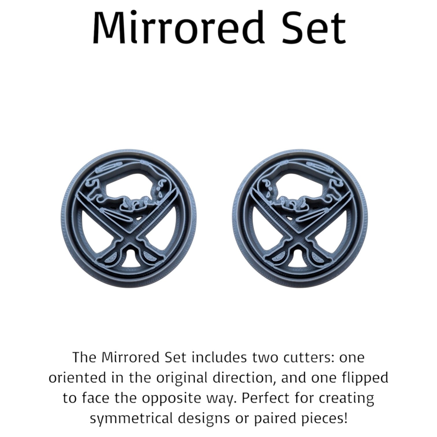 Mirrored set of two circular metal cutters with a Buffaloe Sabres design, displayed on a white background with descriptive text explaining the set.