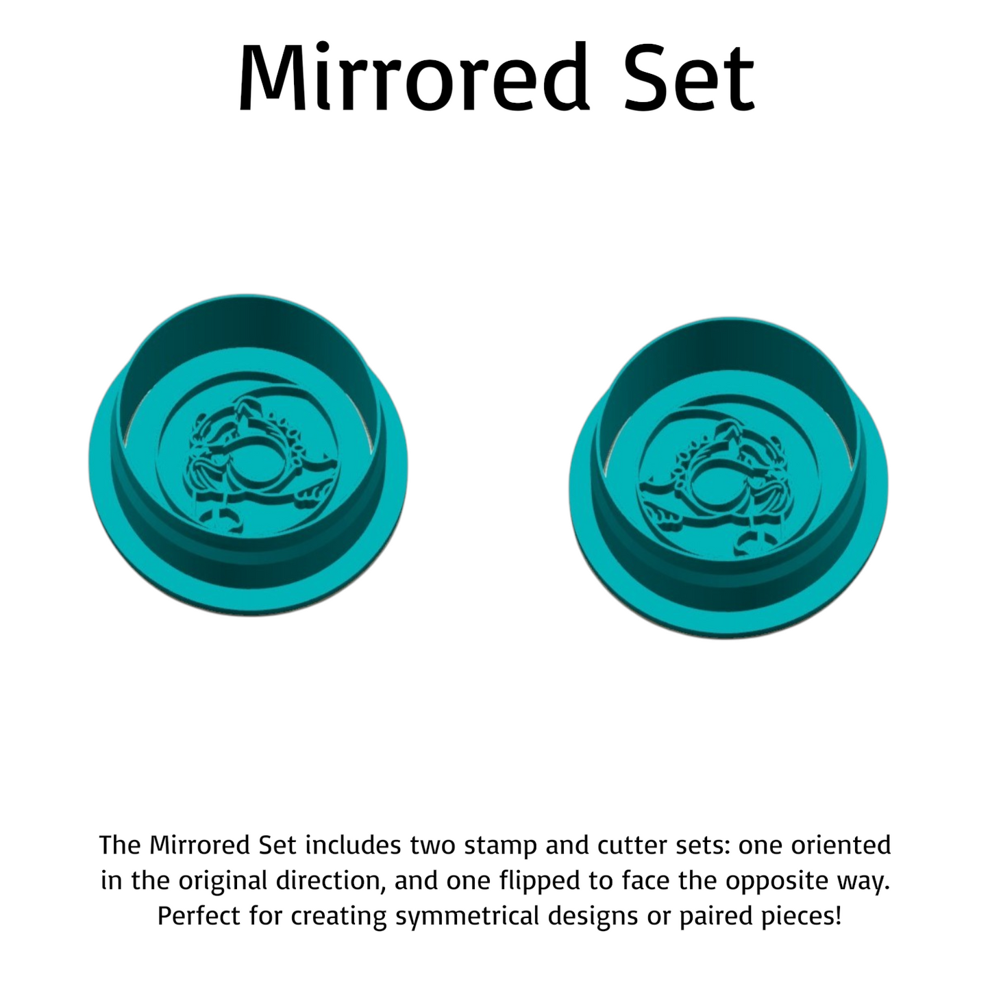 Mirrored bulldog mascot cookie cutter and embosser set – two teal 3D-printed tools facing opposite directions for symmetrical designs, labeled “Mirrored Set.”