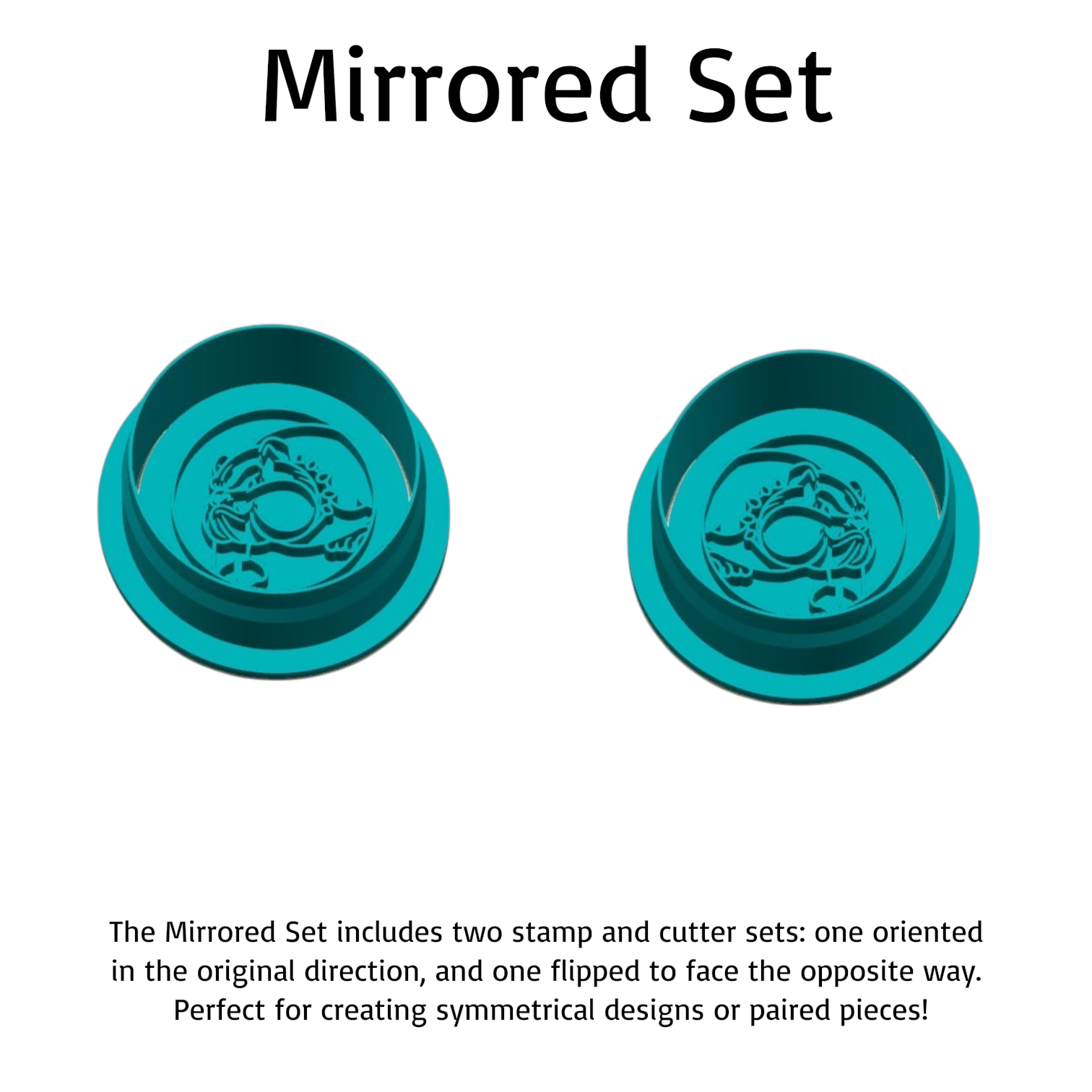 Mirrored bulldog mascot cookie cutter and embosser set – two teal 3D-printed tools facing opposite directions for symmetrical designs, labeled “Mirrored Set.”